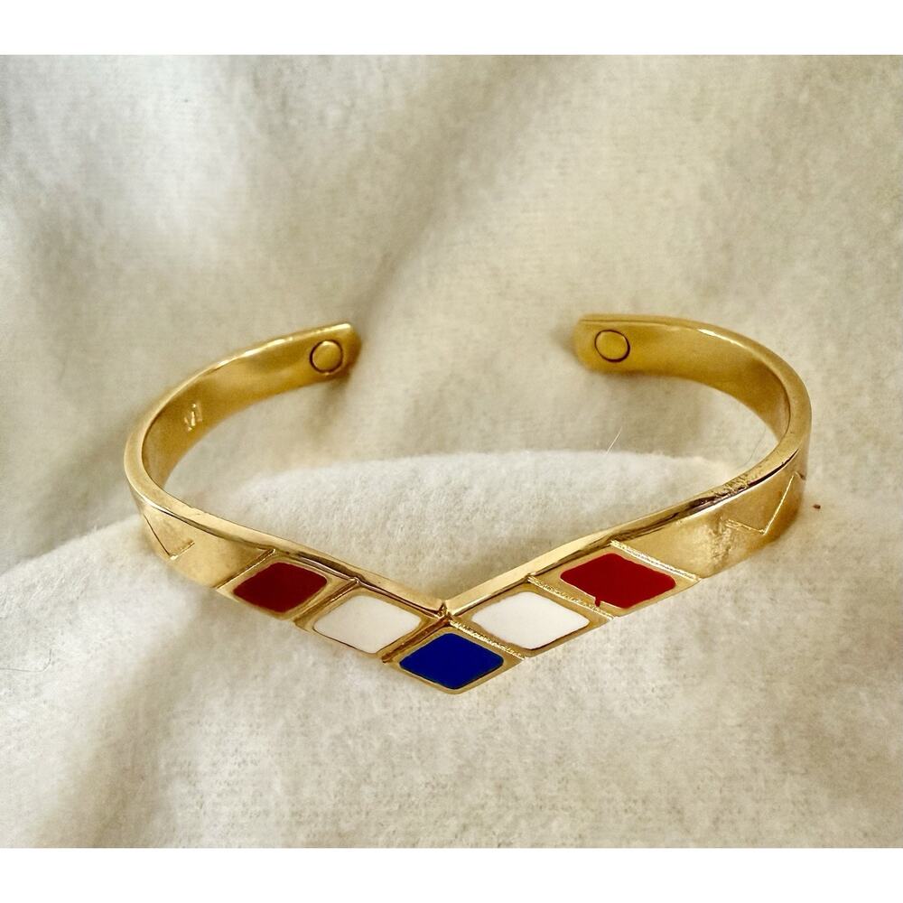 Vintage 1970’s Signed Monet Costume Gold Tone Red White Blue Enamel Bracelet